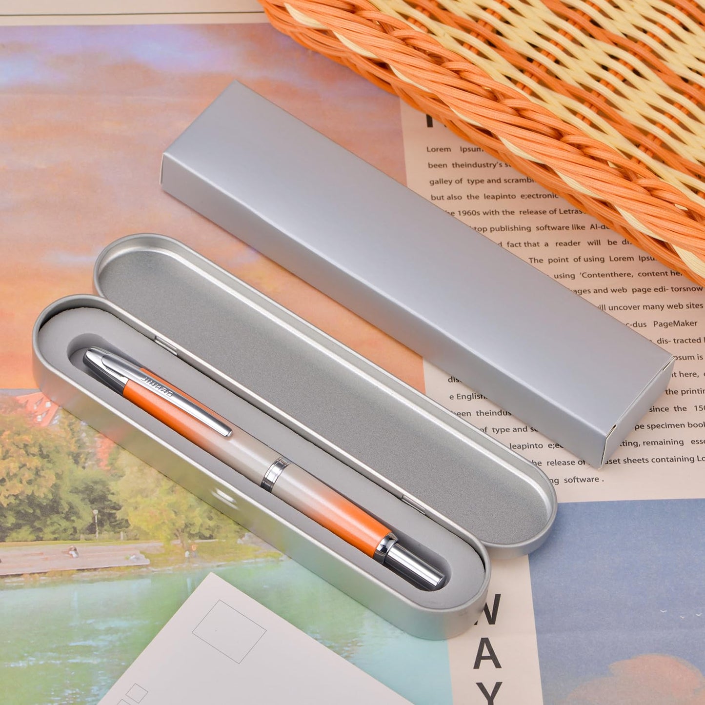 Jinhao 10 Press Fountain Pen with Box, Gradient Light Orange Retractable Extra Fine Nib with Ink Converter Set (Silver Clip)
