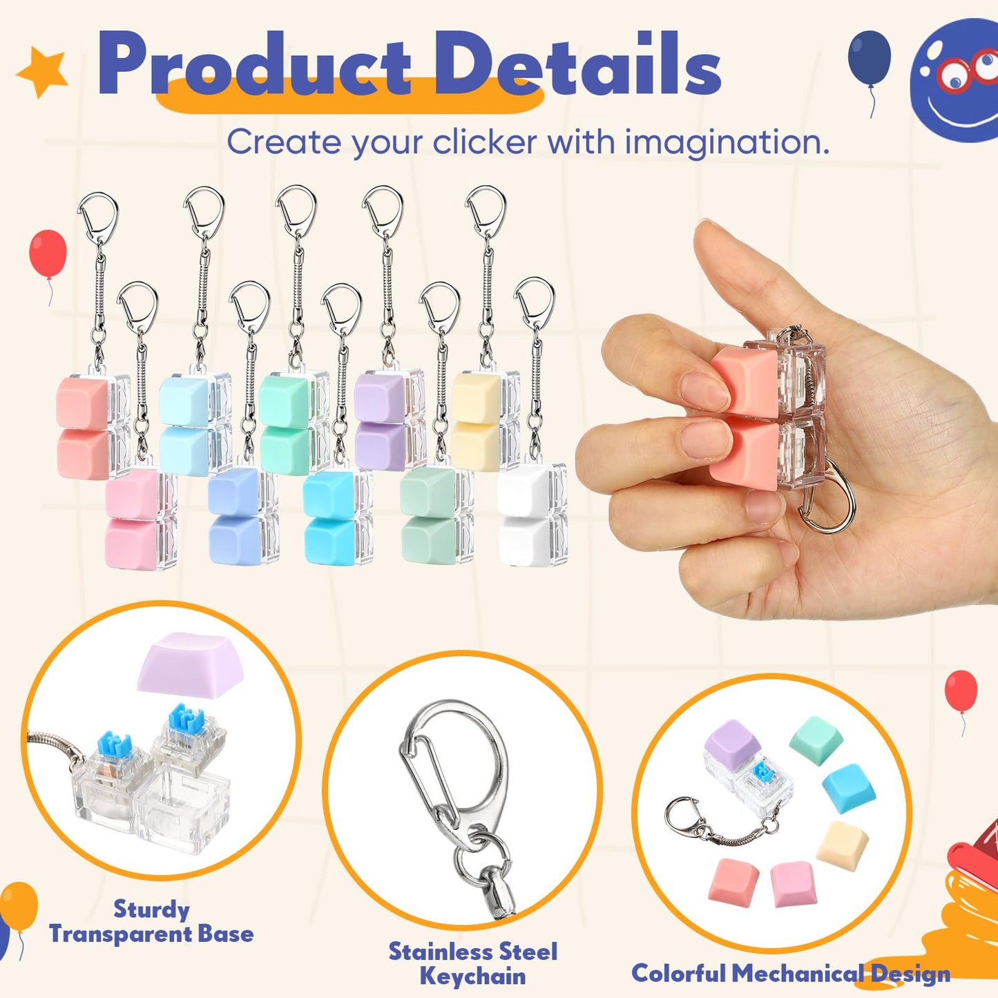 Lewtemi 20 Pcs Keyboard Fidget Toy Clicker Keyboard Fidget Keychain Decompression Button Clicker Toys for Adult Button Stress Relief to Relax Stress Anxiety Decompression Gifts (Macaron Colors)