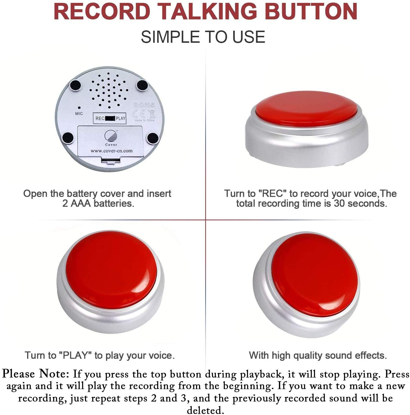 Recordable Button Voice Recording Button Dog Buttons for Communication Game Buzzer 30 Seconds Recordable Answer Buzzers Funny Gift for Office Home (Silver)