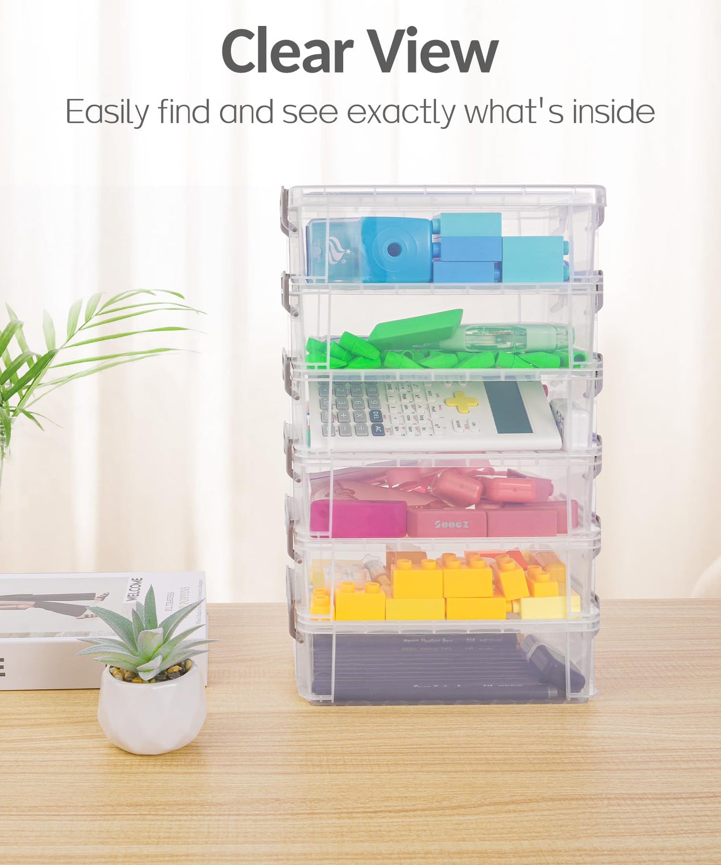 Sooez 6 Pack Extra Large Pencil Box, Plastic Pencil Case Crayon Box Bulk, Clear Marker Organizer Plastic Containers with Lid, Stackable Storage Boxes for Art Craft Pen, Back to School Supplies, Purple