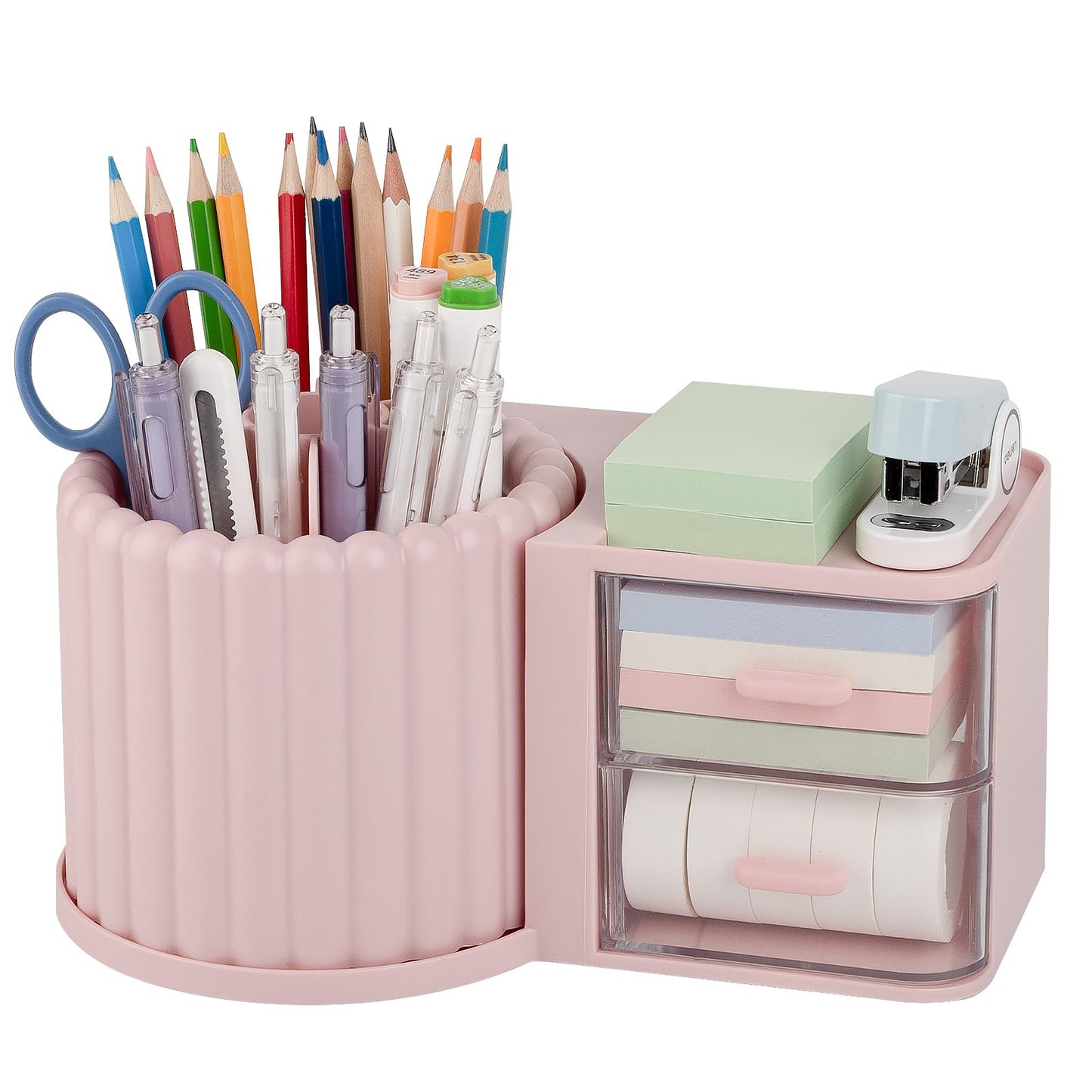 Anyoifax 360° Rotating Pen Holder 7 Slots Desk Organizer with Drawer Removable Pencil Cup Plastic Art Supplies and Accessories Desktop Storage Box Caddy for Office, School, Home (Pink)