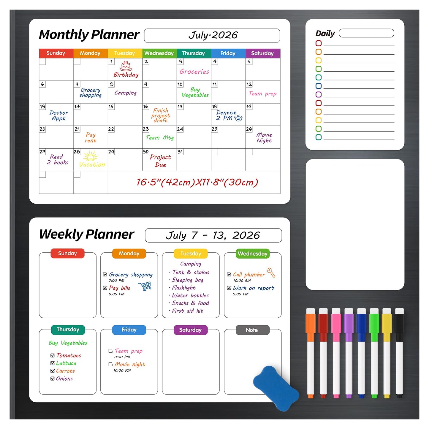 FINDMAG 4 Pack Magnetic Whiteboard for Fridge, 16.5"x11.8" Magnetic Calendar for Planner 2026, Kitchen White Board, Fridge Calendar for Cleaning Schedule and Checklist(1 Eraser, 8 Markers)