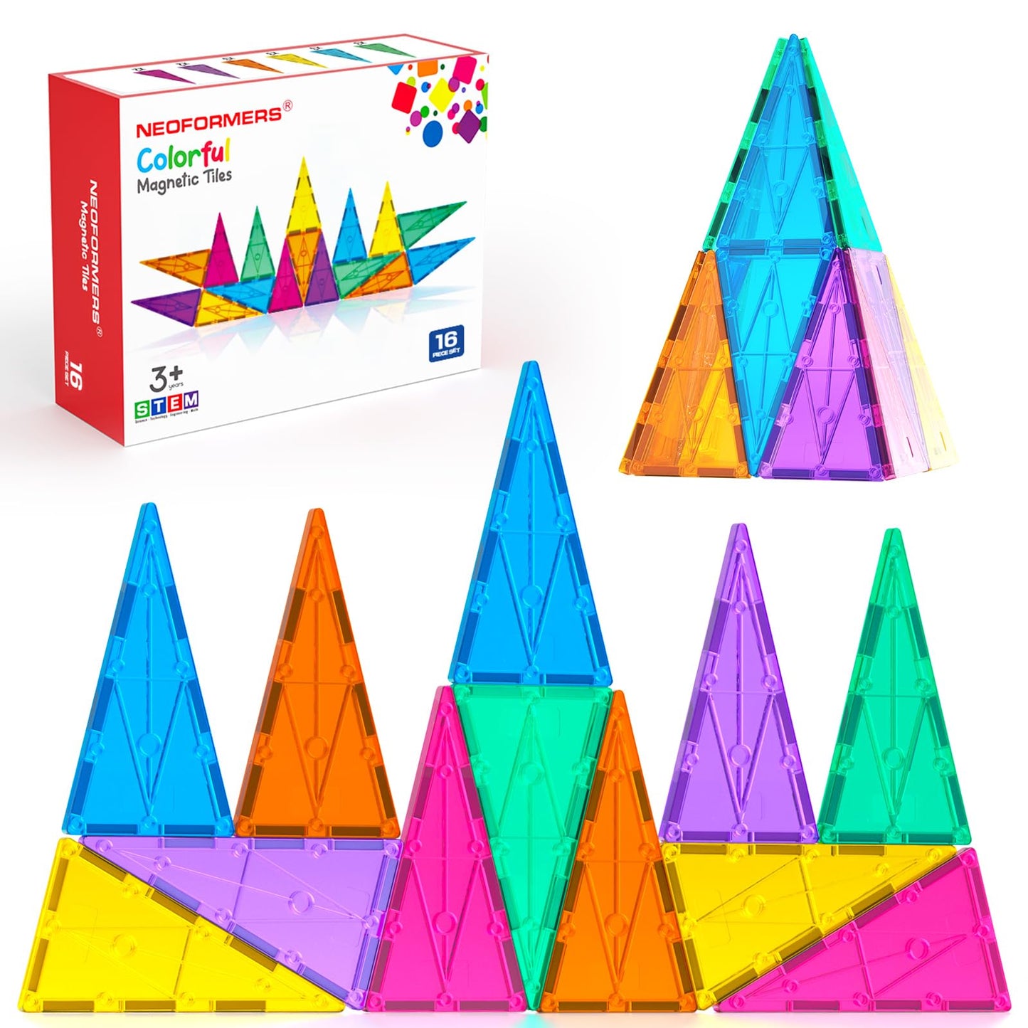 NEOFORMERS Magnetic Tiles Building Block Set: 16PCS Isosceles Triangle Expansion Pack Construction Building Blocks, Starter Set for Kids Ages 3+