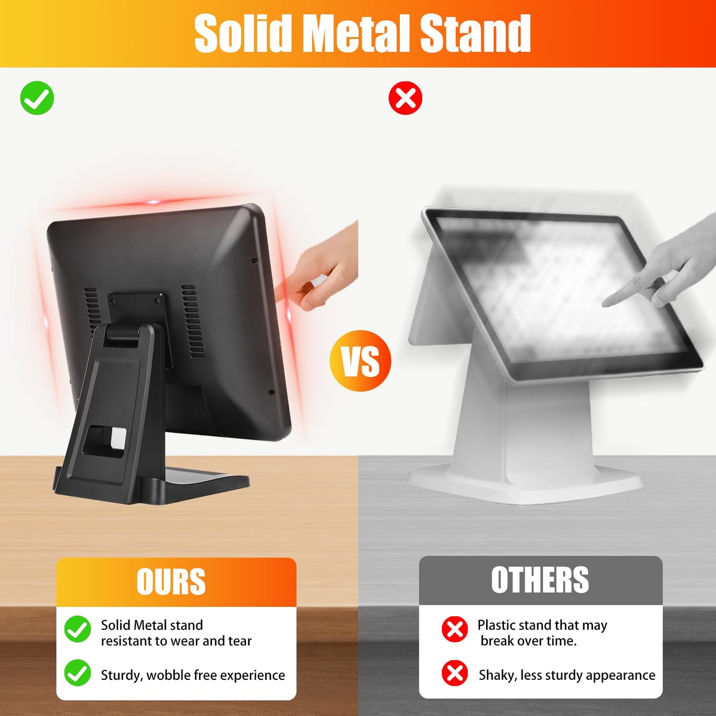 ANGEL POS 15-Inch 4:3 Capacitive LED Backlit Multi-Touch Monitor, True Flat Seamless Design Touchscreen with Metal POS Stand, for Office, POS, Retail, Restaurant, Bar, Gym, Warehouse