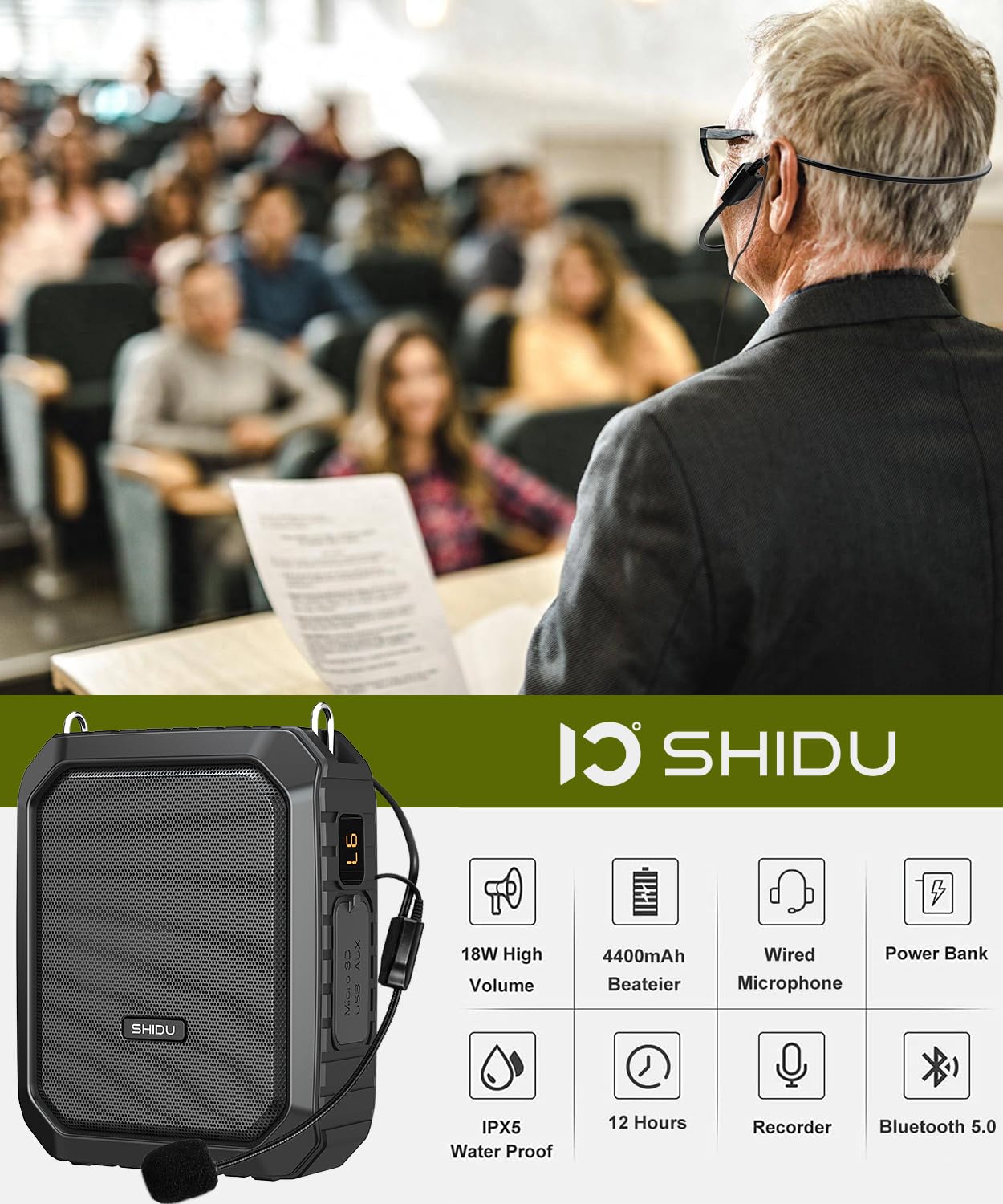 SHIDU Voice Amplifier for Teacher with Portable Microphone and Speaker, 18W Microphone with Speaker with Wired Mic Headset, IPX5 Waterproof Bluetooth Speaker Systems for Guide, Coach (NOT Wireless)