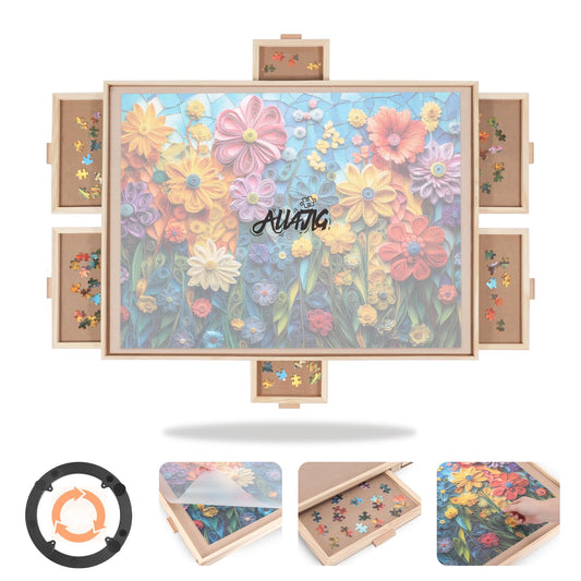 ALL4JIG 1500 Pieces Rotating Puzzle Board with 6 Drawers and Cover,24.92"x33.58"Portable Wooden Jigsaw Puzzle Table for Adults,Lazy Susan Spinning Puzzle Boards Gift for mom,Surface for Lego Building