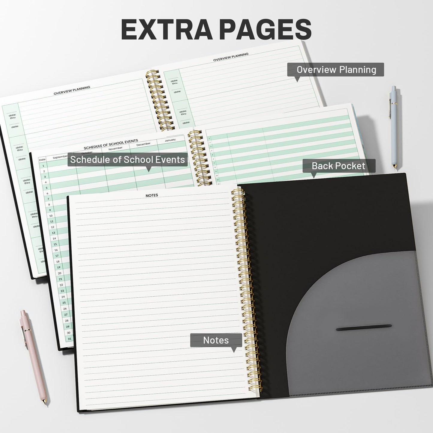 SUNEE 8 Period Teacher Lesson Plan Book - Days Vertically, Undated Teacher Planner 2026-2027 Academic Year, 8.5 x 11 Inch, 104 Pages/52 Sheets (40 Weeks), Waterproof Plastic Cover, Back Pocket, Black