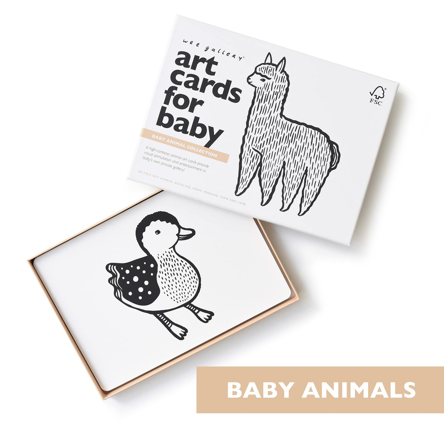 Wee Gallery Art Cards for Baby, Durable High Contrast Black and White Animal Flashcards for Newborns, Brain Development, Sensory Toys, Tummy Time Essentials for Infant and Toddler - Baby Animals