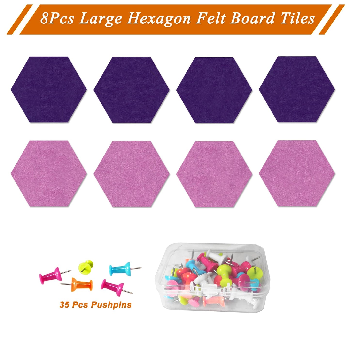 HULAVO Large Hexagon Felt Cork Board Tiles, Self Adhesive DIY Felt Bulletin Board Pin Board with 35 Pushpins for Office School Home Wall Decor(Purple+Light Purple)