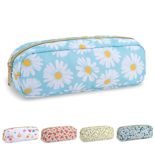 Waterproof Small Floral Pencil Case Makeup Bag for Purse,Cute Flower Pencil Pouch Preppy Nylon Makeup Brush Holder with Zipper,Girls Portable Storage Case Small Pen Bag for Work(Slim Blue-Daisy)