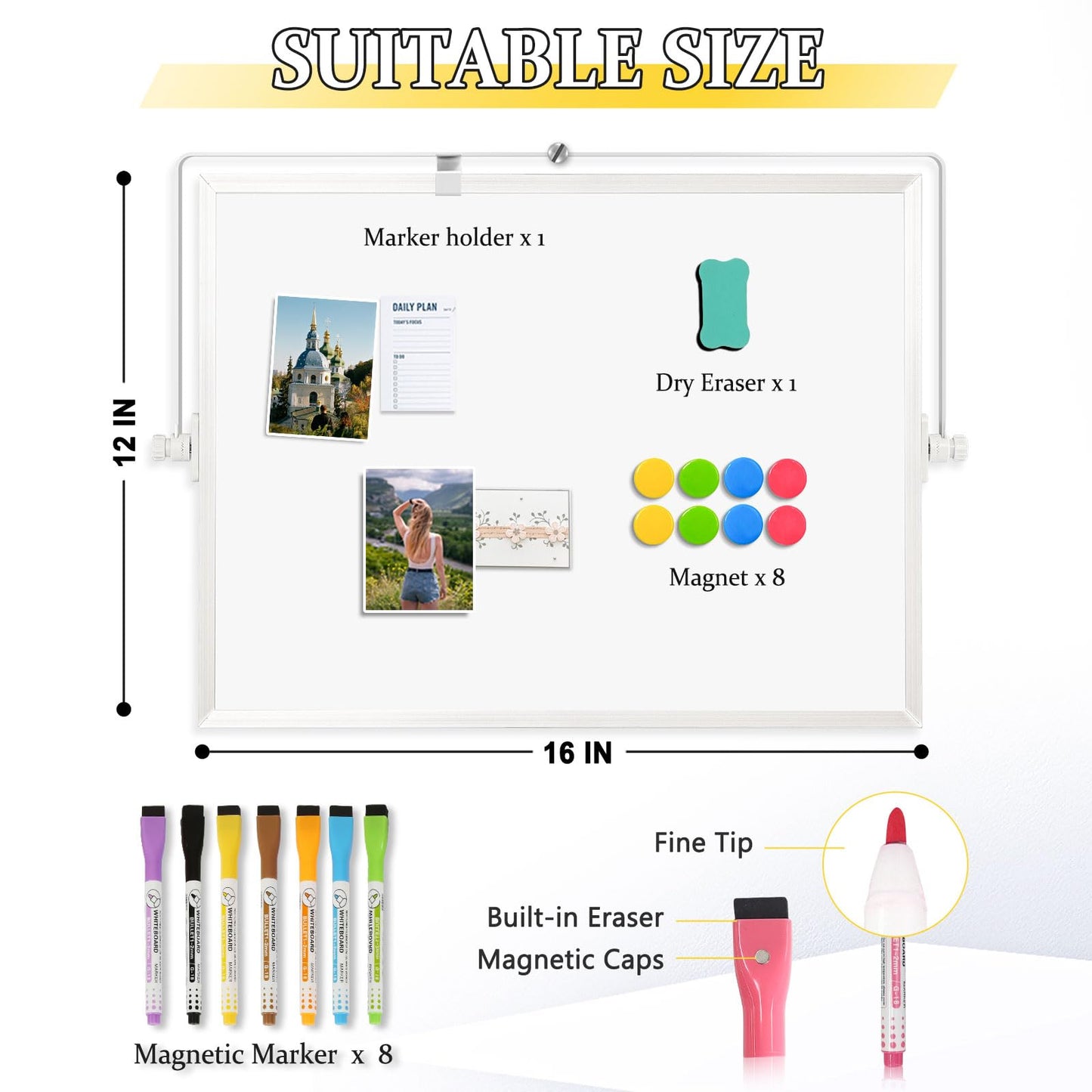 AMUSIGHT Dry Erase Magnetic White Board, 16" x 12" Double-Sided Desktop Whiteboard with Stand, Portable Small Whiteboard Set for Drawing, Office, Home