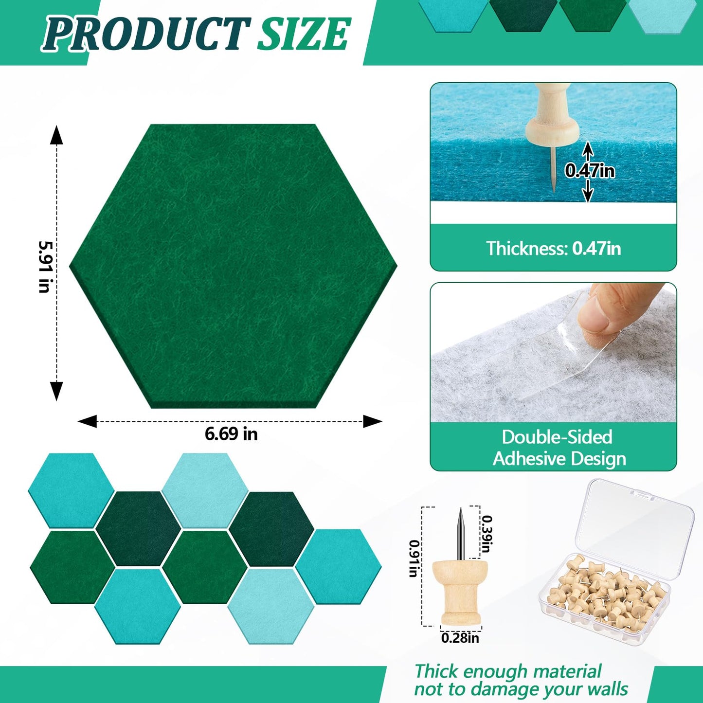 Mindsoft 16 Pcs Hexagon Cork Board for Walls with 50 Wooden Push Pins 6.7 x 5.9 in Felt DIY Tiles Notice with Nano Tape Hanging Bulletin Board for Home Photo Office Memo Note(Turquoise)