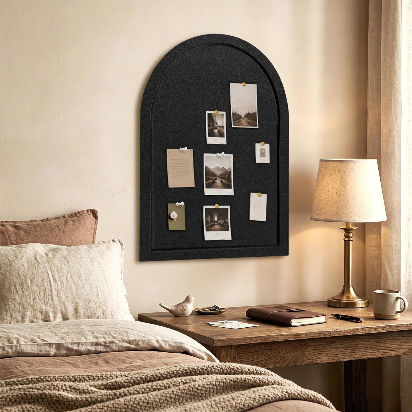 Arched Felt Bulletin Board, Sized 24" x 18" Cork Board Alternative Grooved Edge Foldable for Office & Wall, Customizable Adhesive Tiles with Pins Hooks for Photo Display School Home Office, Black