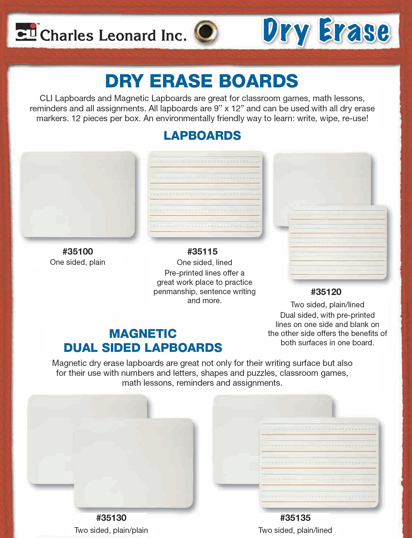 Charles Leonard Dry Erase Lapboard, 9 x 12 Inches, Masonite, One Sided, Plain White, 1 Each (35100) (Pack of 2)