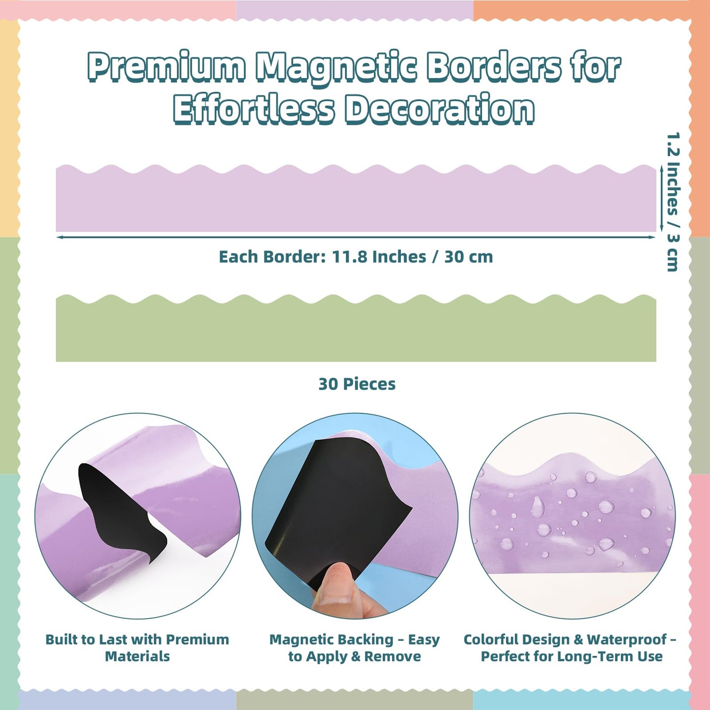 30 Pcs Magnetic Borders for Classroom Whiteboard - Pastel Magnetic Bulletin Board Border Set - Light Scalloped Chalkboard Border Strips for Teachers, Parents, DIY Home,School & Office Decoration