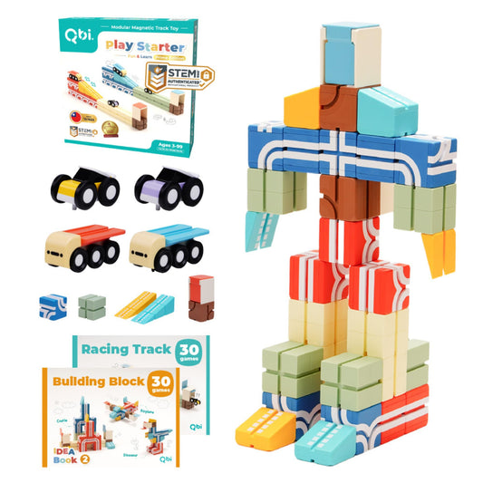 QBI Magnetic Blocks Play Starter Set – STEM Magnet Building Toys for Kids Ages 3-5, 4-in-1 Race Car Track with 4 Cars & 2 Ramps, Birthday Gift (36 PCS)