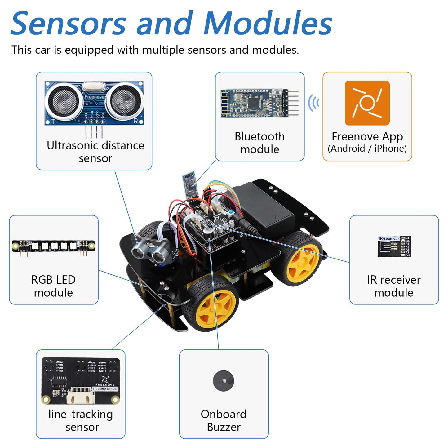 Freenove 4WD Car Kit (Compatible with Arduino IDE), Line Tracking, Obstacle Avoidance, Wireless Control App, Ultrasonic Sensor Motor Servo