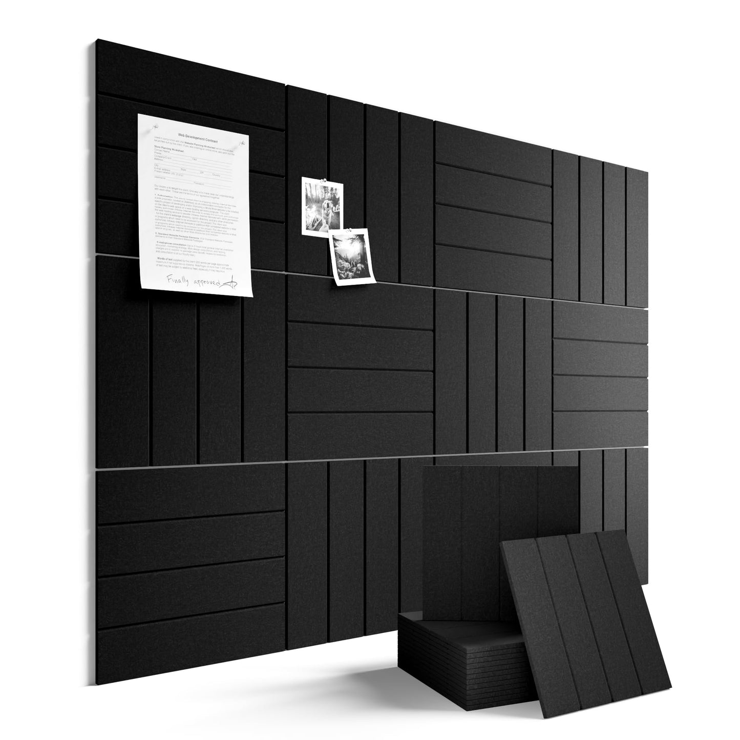 Fluxynara Felt Bulletin Board Tiles Large 48" x 36" Cork Board Alternative-12 Pack with 70 Adhesive Tabs, Thick Slat Wall Panels for Office Decor, Push Pin Board Wall Organizer Alternative -Black