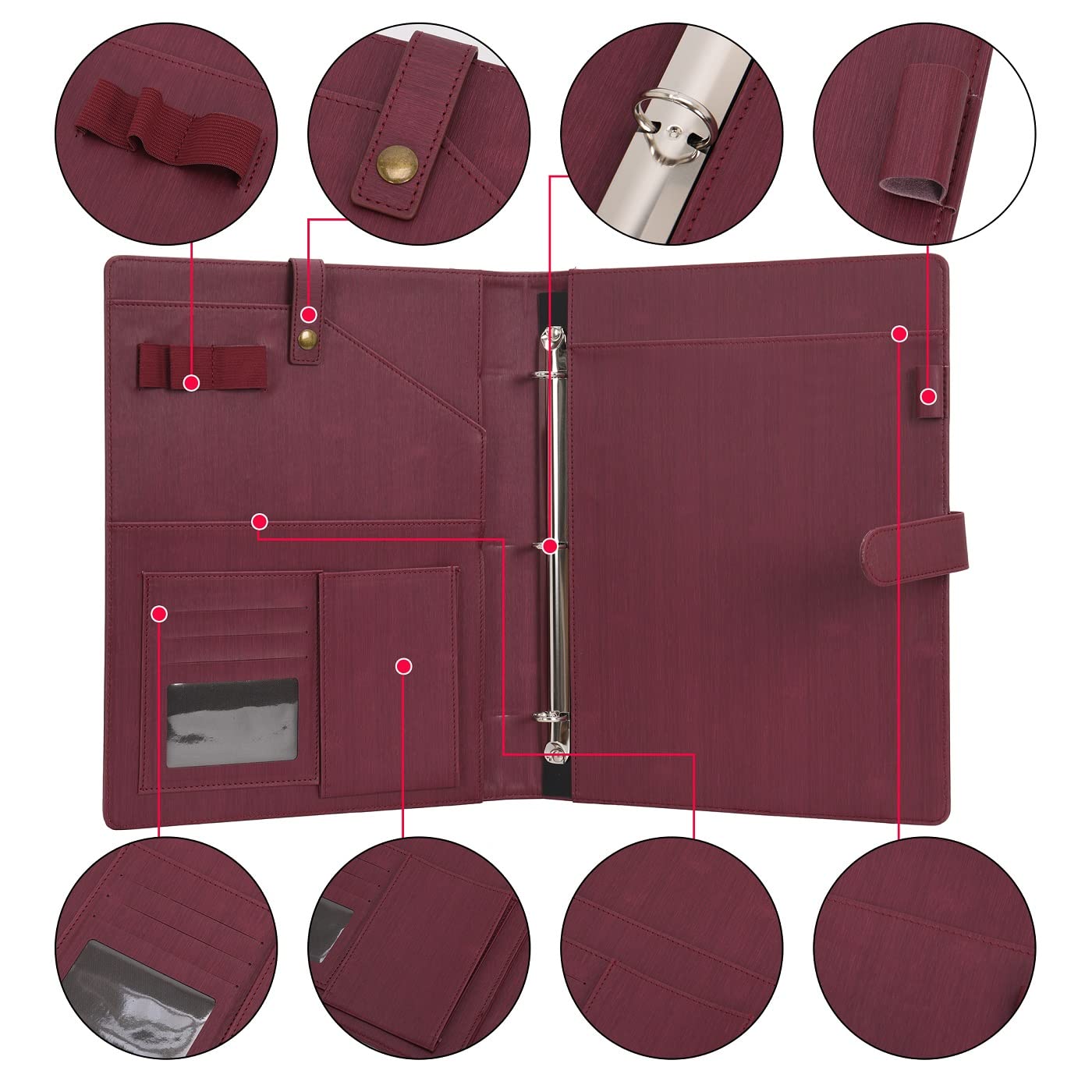 Wonderpool A4 PU Leather Portfolio Holder Ring File Document Case with Removable Binder Clipboard, Multi Pocket and Legal Pad for Business Organizer Interview and Meeting (Wine red)