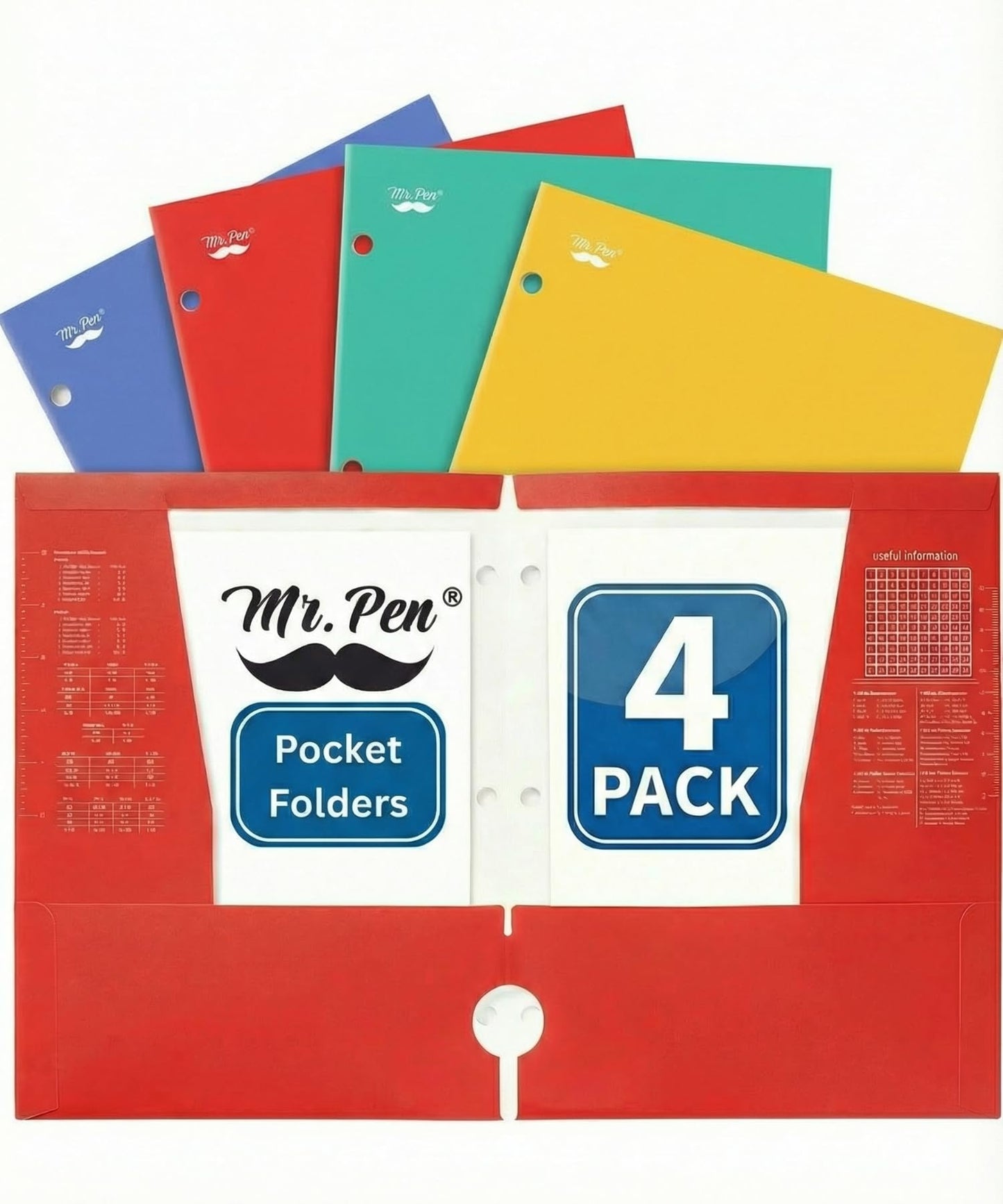 Mr. Pen- 4-Pocket Folders, 4 Pack, 12.5" x 9.5", Vibrant Colors, Tear-Resistant Paper Folders with Pockets 3 Holes Punched, High Capacity, Includes Rulers and Conversion Charts for Binder Organization
