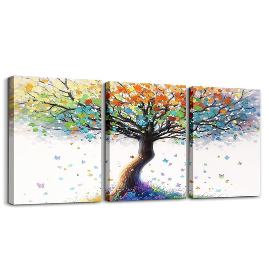 jejeloiu Colorful Tree of Life Canvas Wall Art for Living Room Bedroom 12"x16"x3pcs Natural Scenery Picture Wall Decor for Bathroom Butterflies Office Decorations Artwork Posters Oil Painting Painting