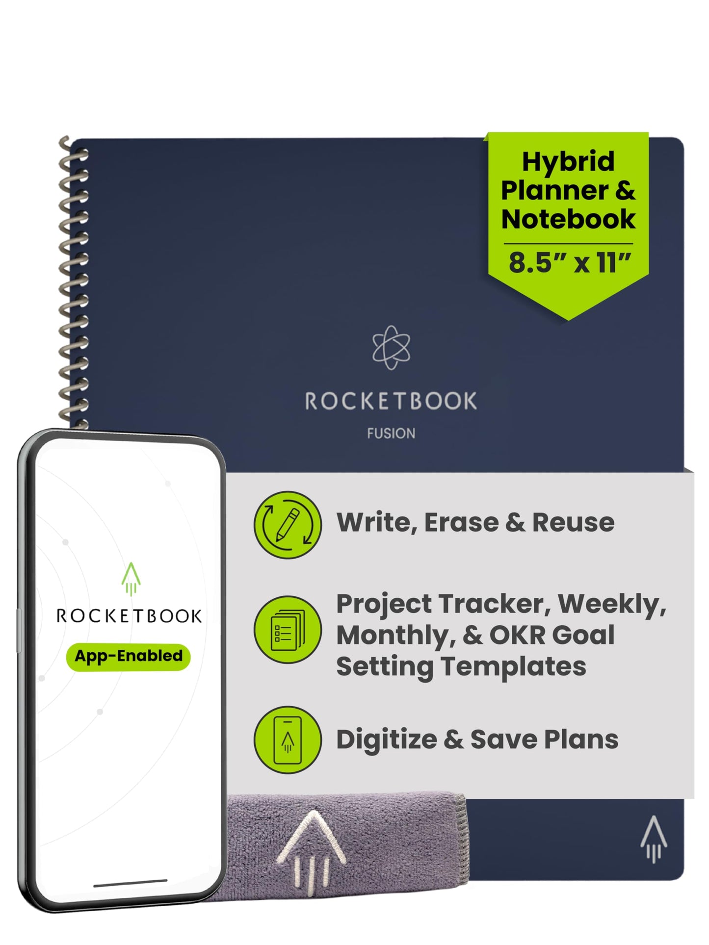 Rocketbook Fusion Hybrid Reusable Planner and Notebook in One, Additional Blank Pages, Goal and Project Tracker, Undated Planner, Letter Size 8.5x11, Blue (Pack of 1)