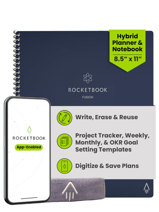 Rocketbook Fusion Hybrid Reusable Planner and Notebook in One, Additional Blank Pages, Goal and Project Tracker, Undated Planner, Letter Size 8.5x11, Blue (Pack of 1)