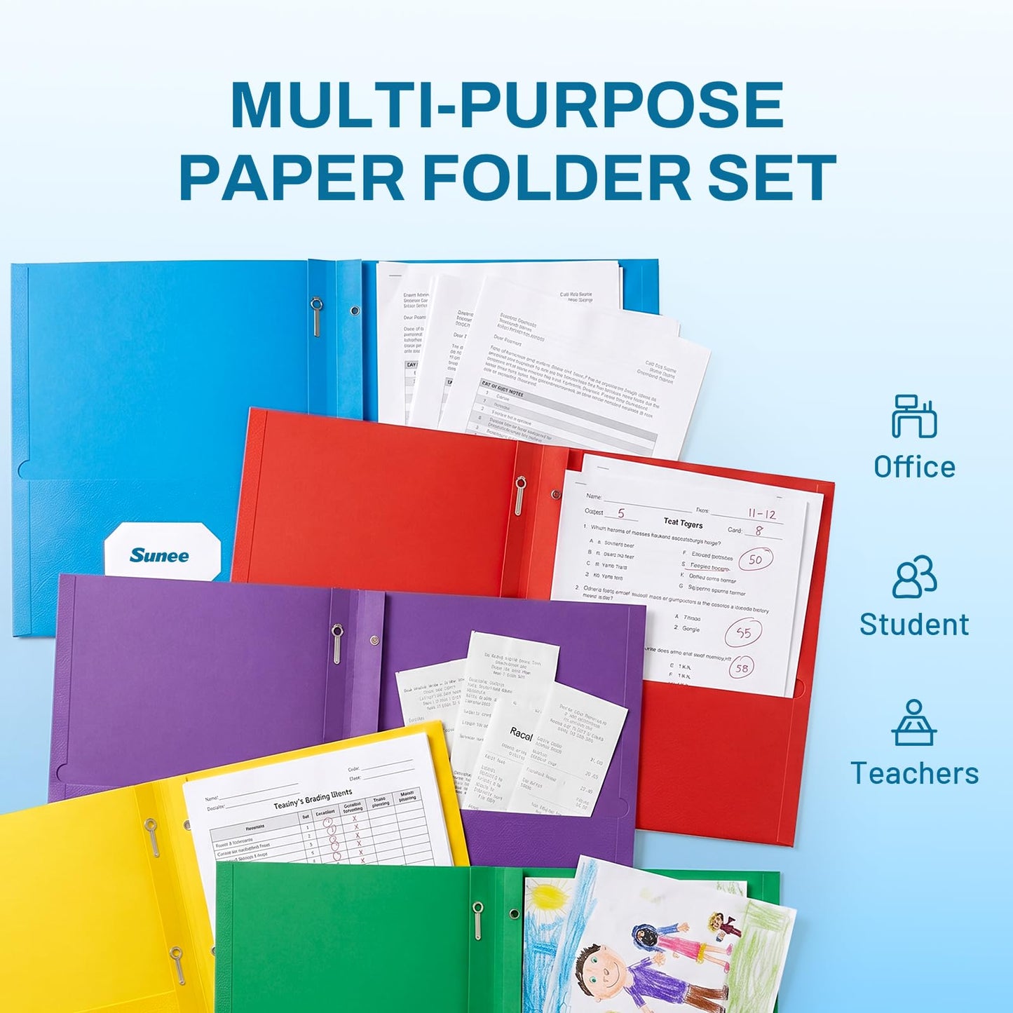 SUNEE 2 Pocket Folders with Prongs (25 Pack, Blue), Paper Folders with 2 Pockets and 3 Prongs Fit Letter Size Paper, Folders with Prongs for School Office Home Business