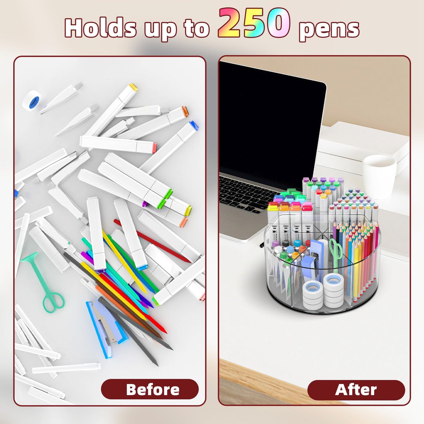 Absonic 250pcs Acrylic Pencil Holder Marker Organizer, 360-Degree Rotating Pen Holder, Crayon Organizers for Kids Pencil Organizer Caddy Art Supply Lazy Susan Organizer for Desk Home School Office