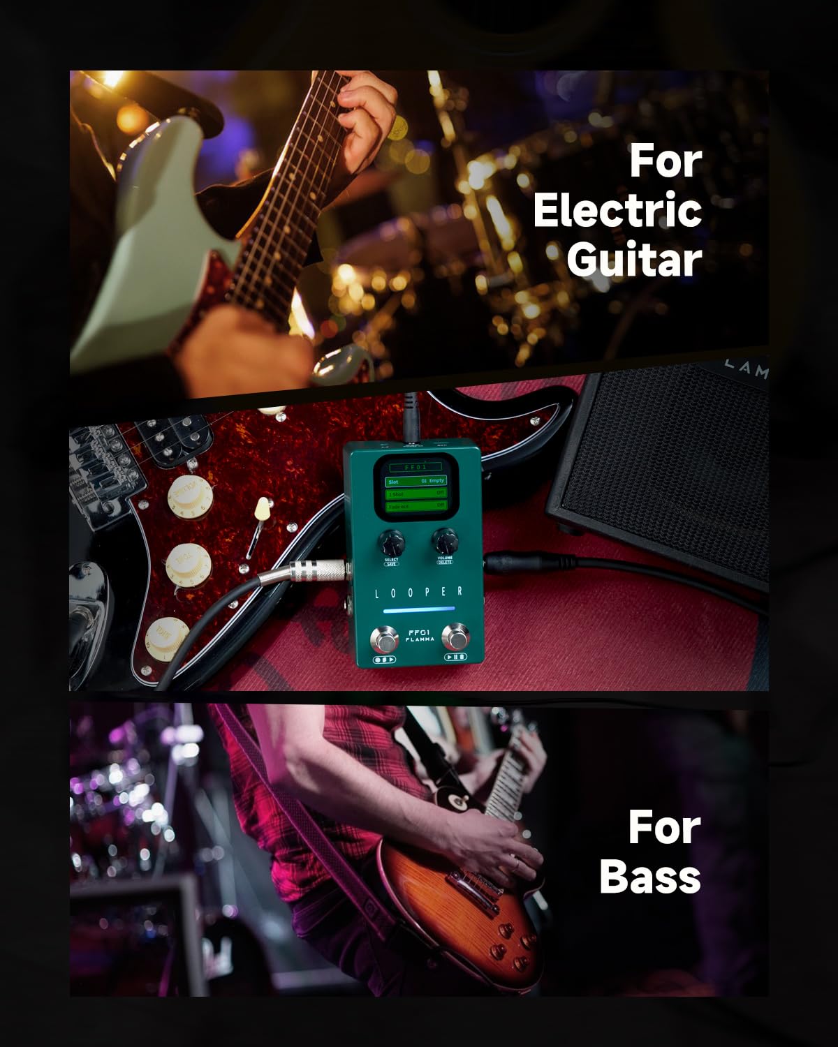 FLAMMA Looper Guitar Pedal, FF01 Looper Pedal with 40 Slots 160 Mins Looping Time, Stereo Guitar Loop Pedals with Screen for Electric Guitar/Bass, Fade Out, USB Data Management