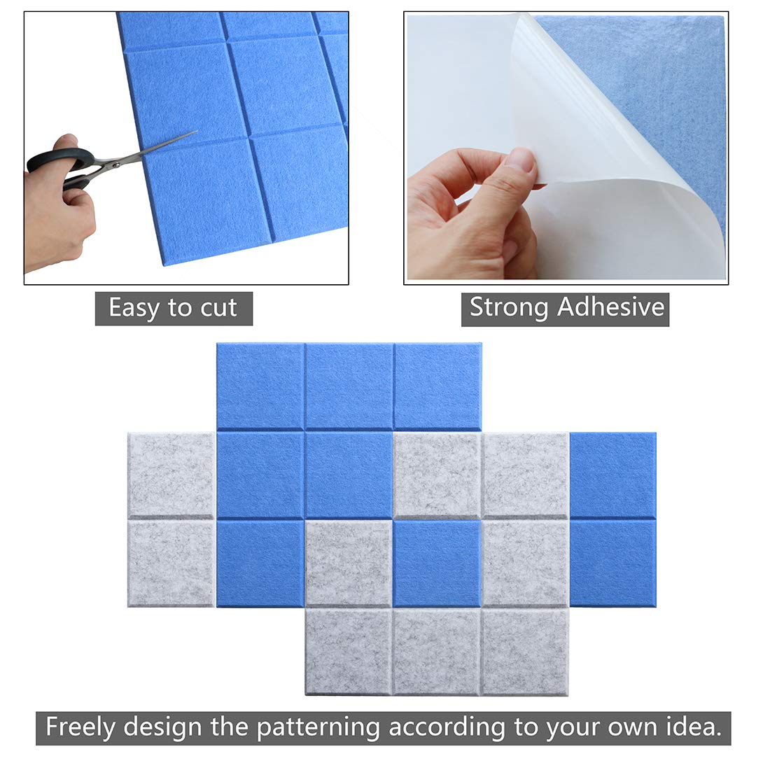 Uoisaiko Large Felt Board Tiles for Wall with 30 Push Pins, 11.8"x11.8" Pack of 6 Pin Board Notice Boards for Home Office Kitchen, Bulletin Board Wall Tiles for Photos Memos (Blue+Grey, 6 Pack)