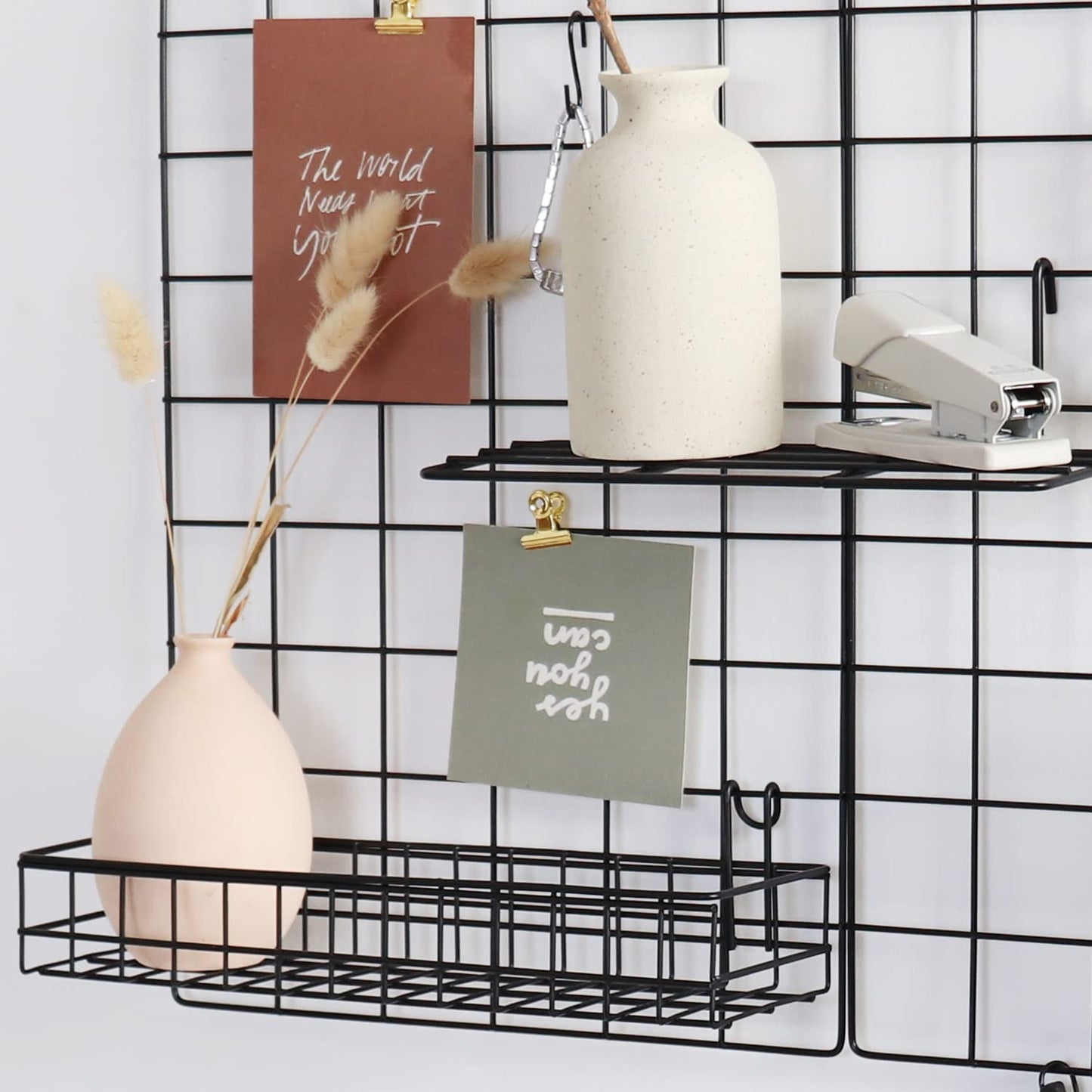 FRIADE Wall Grid Panel for Photo Display,Wall Storage Organizer,5 Metal Clips & 3 S Hooks & 4 Nails & 4 Plastic Hanging Buckles and 4 Screws Offered,Size 17.5" x 11.8"，Set of 2 (Black)