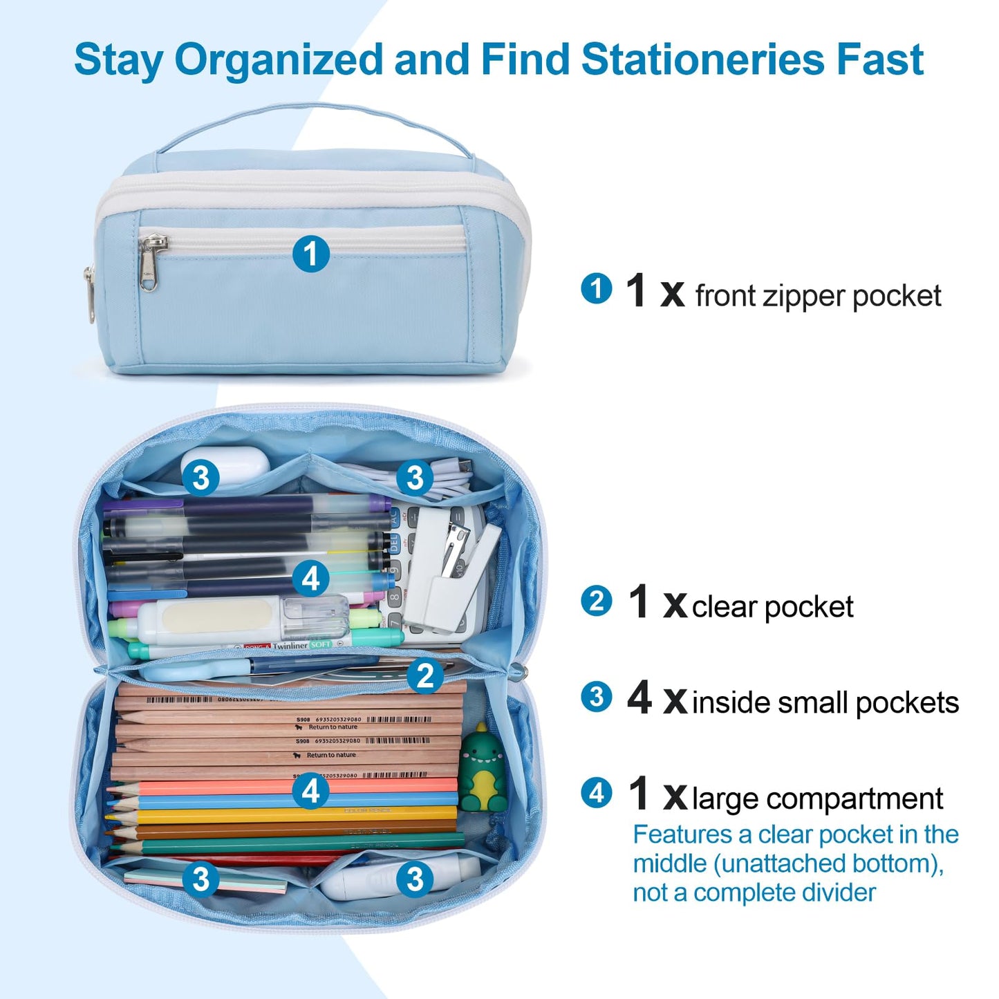 BrainyBees Large Capacity Pencil Case - Pencil Pouch for Teen Girls & Boys, Aesthetic Pouch Organizer with 8 Compartments, Wide Opening Marker Bag for Middle High School College, Fits Calculator, Blue
