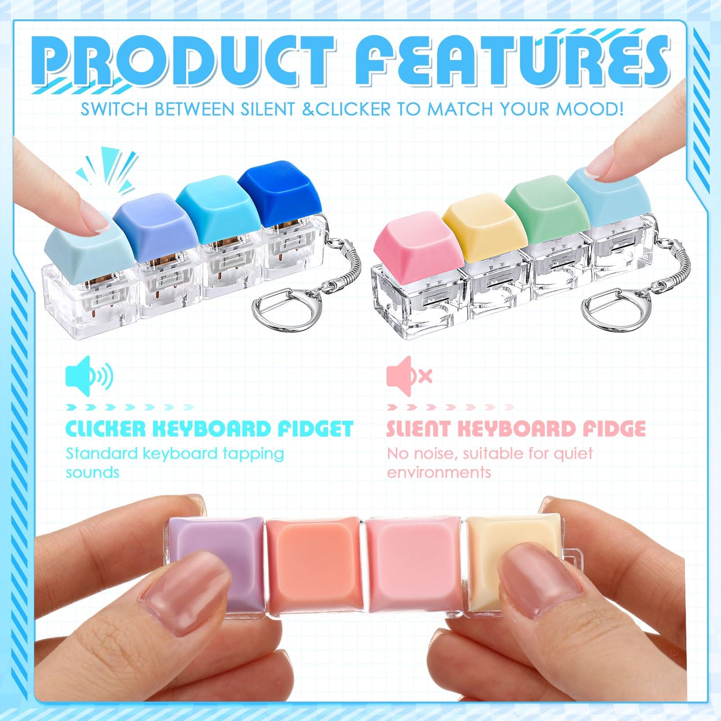 Halloscume 8 Pcs Silent and Click Sound Keyboard Adult Fidget Clicker Toy 4-in-1 Keyboard Fidget Keychain Cube Mechanical Key Button Clicker Stress Relief Gift for Office School Home to Pass the Time