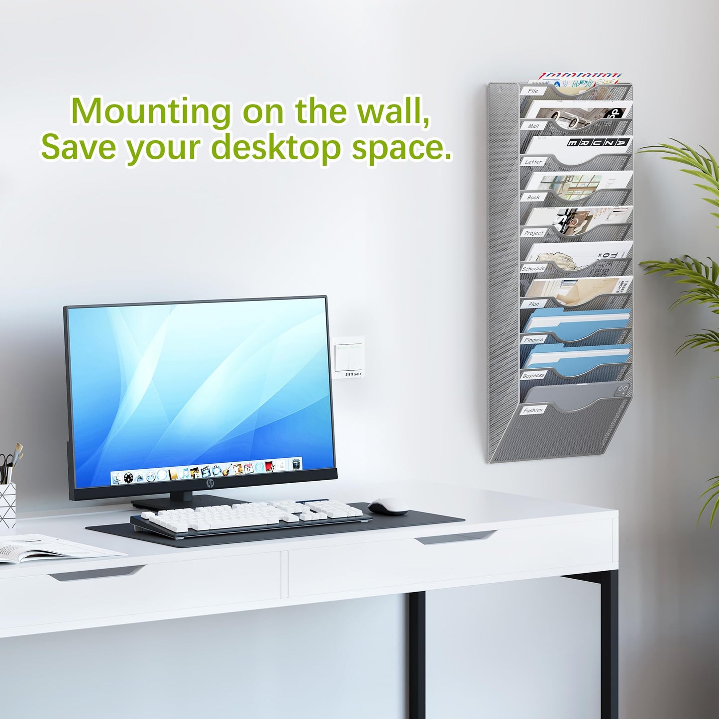 EasyPAG 10 Pocket Mesh Wall File Organizer, Hanging Paper Folder Holder with Classify Label, Vertical Wall Mount Mail Organizer for Office Home Classroom, Silver