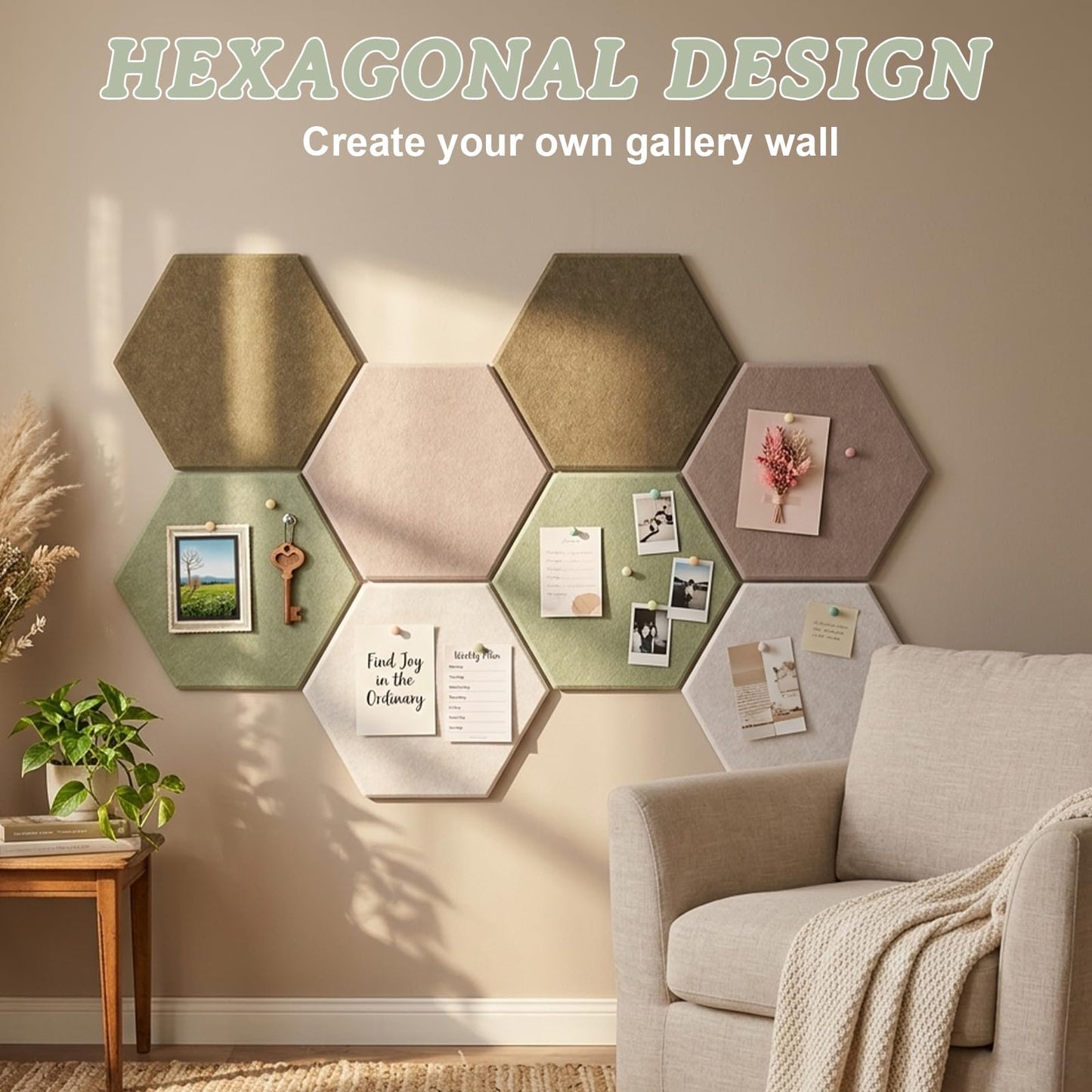 8 Pack Hexagon Cork Board Alternative for Walls Decor, 12" x 10" Self-Adhesive Felt Bulletin Board Tiles with 30 Pushpins, Acoustic Panels for Office,Classrooms (Minimalist Neutral)