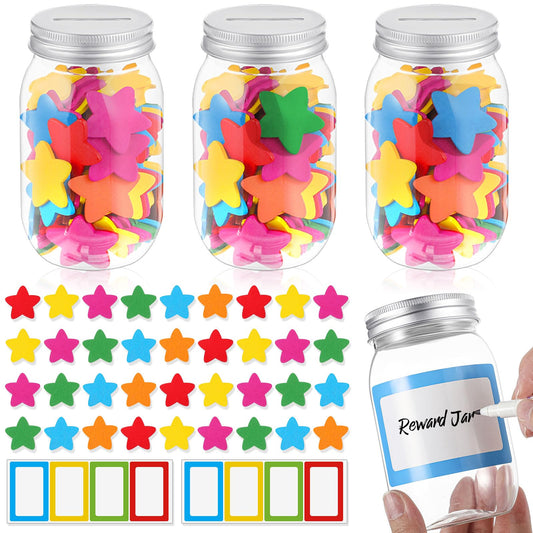 Roowest Star Reward Jar for Kid 3 Pcs Coin Jars for Behavior Tokens 200 Pcs Stars 8 Pcs Name Tags Classroom Reward System for Kids Back to School Incentive Good Behavior Training