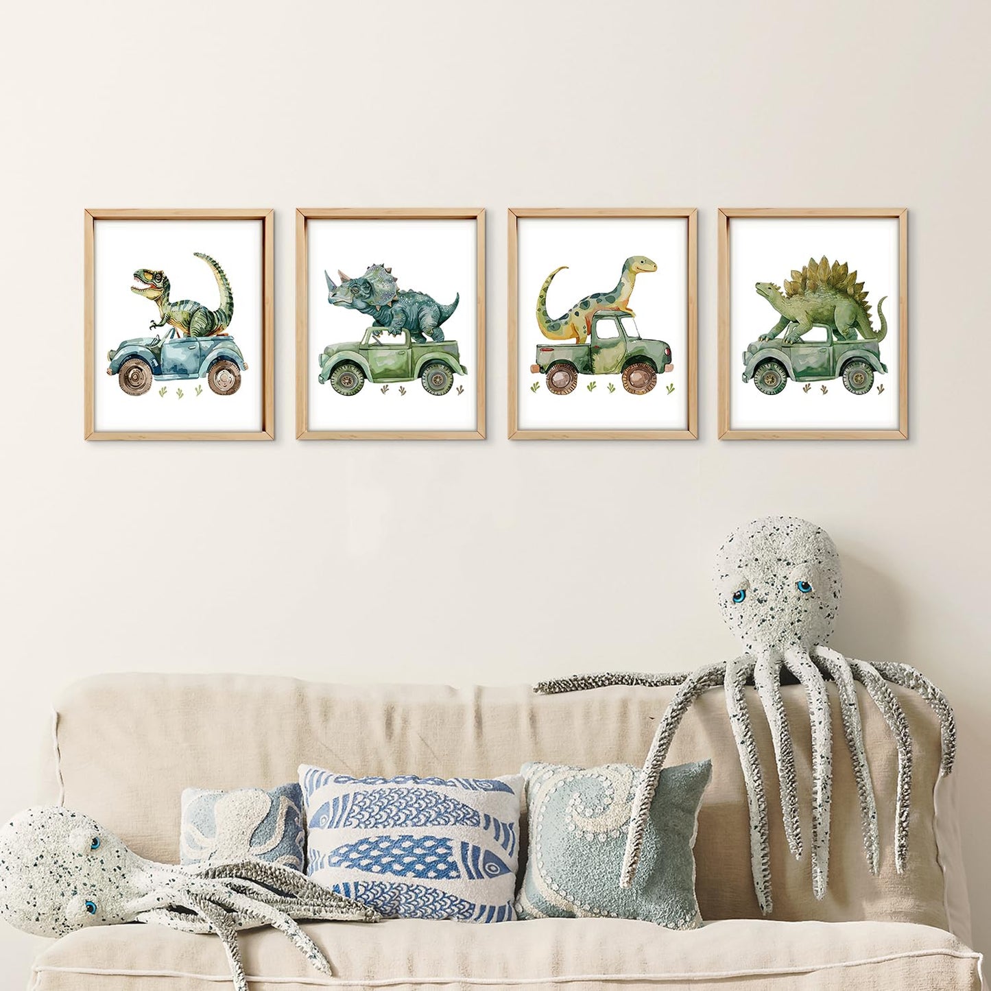 VONTP Dinosaur Nursery Wall Art Decor, Green Dino Construction Truck Boys Room Artwork for Kids Room Nursery Playroom, 8x10 Inch Set of 4 (Unframed)