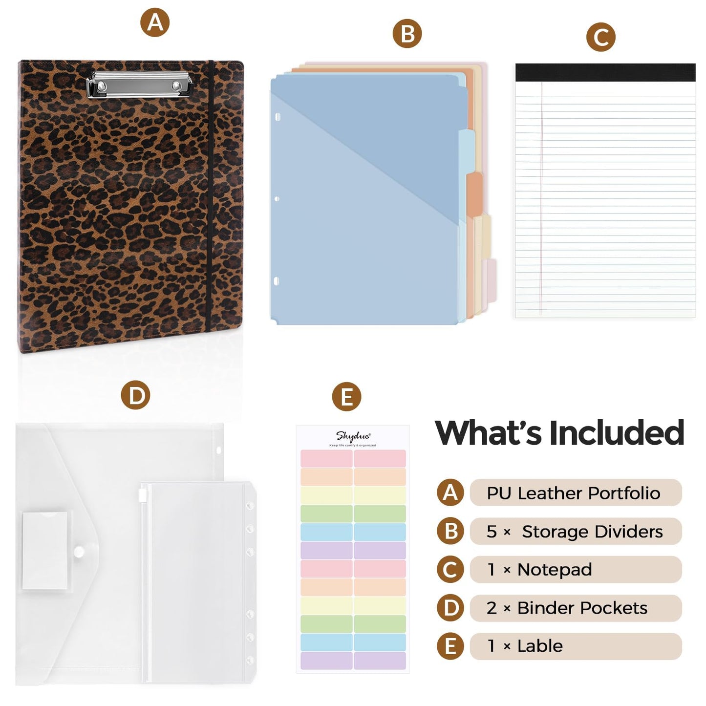 SKYDUE 1 Inch 3-Ring Binder with Clipboard, PU Aesthetic Binder with 5 Dividers, Notepad, Stickers & Pockets for Work and School (Letter Size)