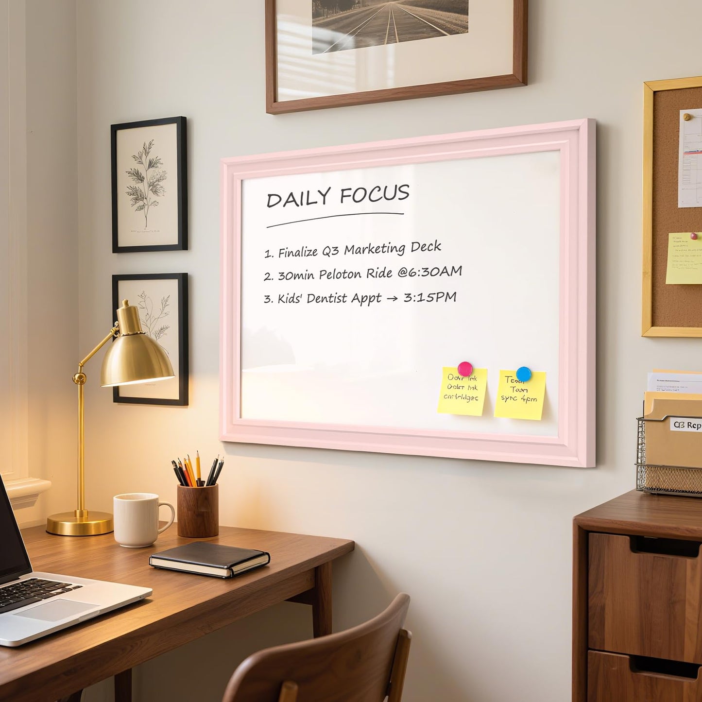 QUEENLINK White Board for Wall, 24'' x 18'' Magnetic Dry Erase Board, Decorative Whiteboard with Pink Wooden Frame, Hanging Writing Board for Home Office School Dorm