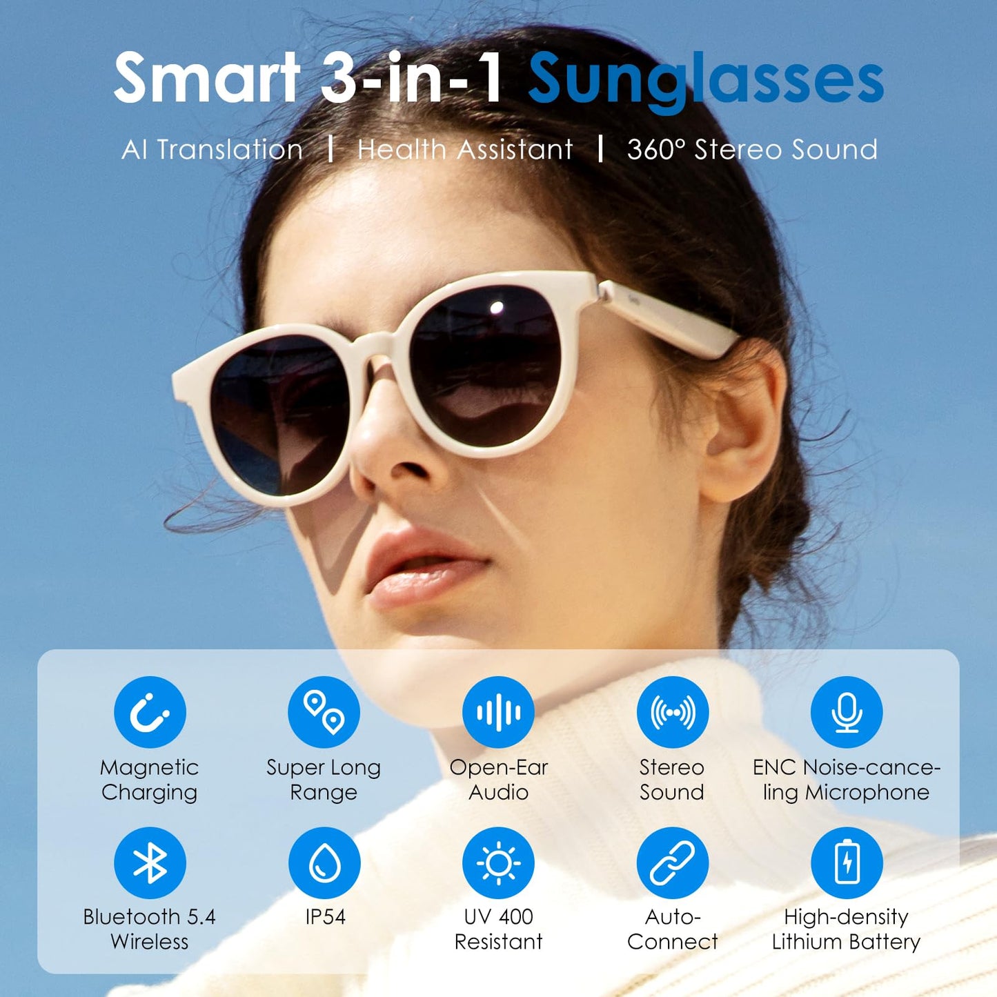 GetD AI Glasses for Men & Women, Low Bridge Fit, Smart Sunglasses Powered by ChatGPT with 74-Language Translation, Bluetooth 5.4, 11H Music/9H Call, UV400 & Polarized Lenses for Travel & Daily Use