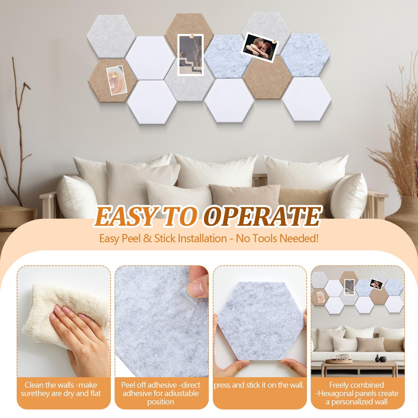 Mindsoft 16 Pcs Hexagon Cork Board for Walls with 50 Wooden Push Pins 6.7 x 5.9 in Felt DIY Tiles Notice with Nano Tape Hanging Bulletin Board for Home Photo Office Memo Note(Light Camel)