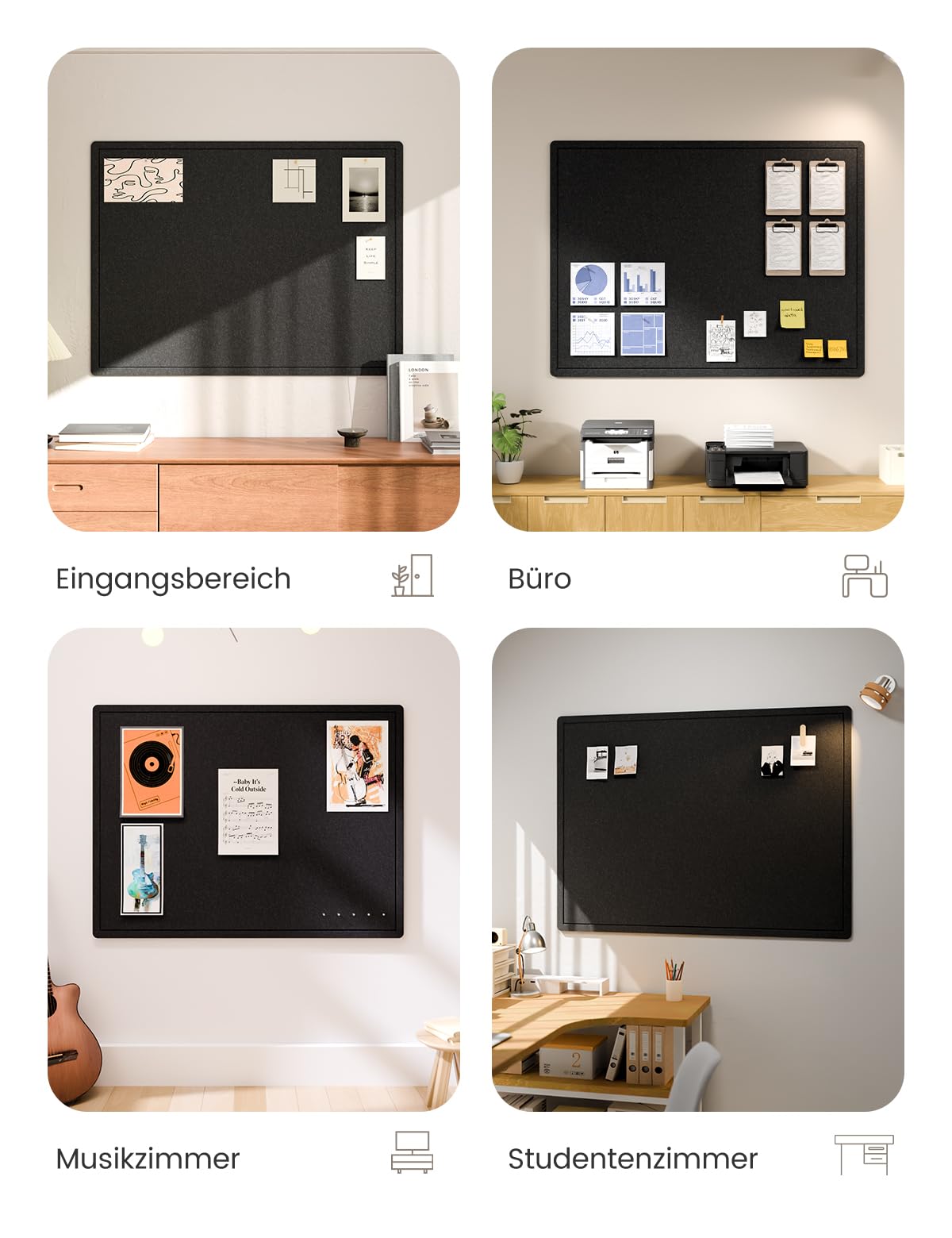 Fluxynara Large Bulletin Board, 47.2" x 35.4" Cork Board Alternative with 24 Safe Removable Adhesive Tabs, Foldable Felt Pin Board for Home Office, Classroom, Bedroom,Entryway for Walls—Black