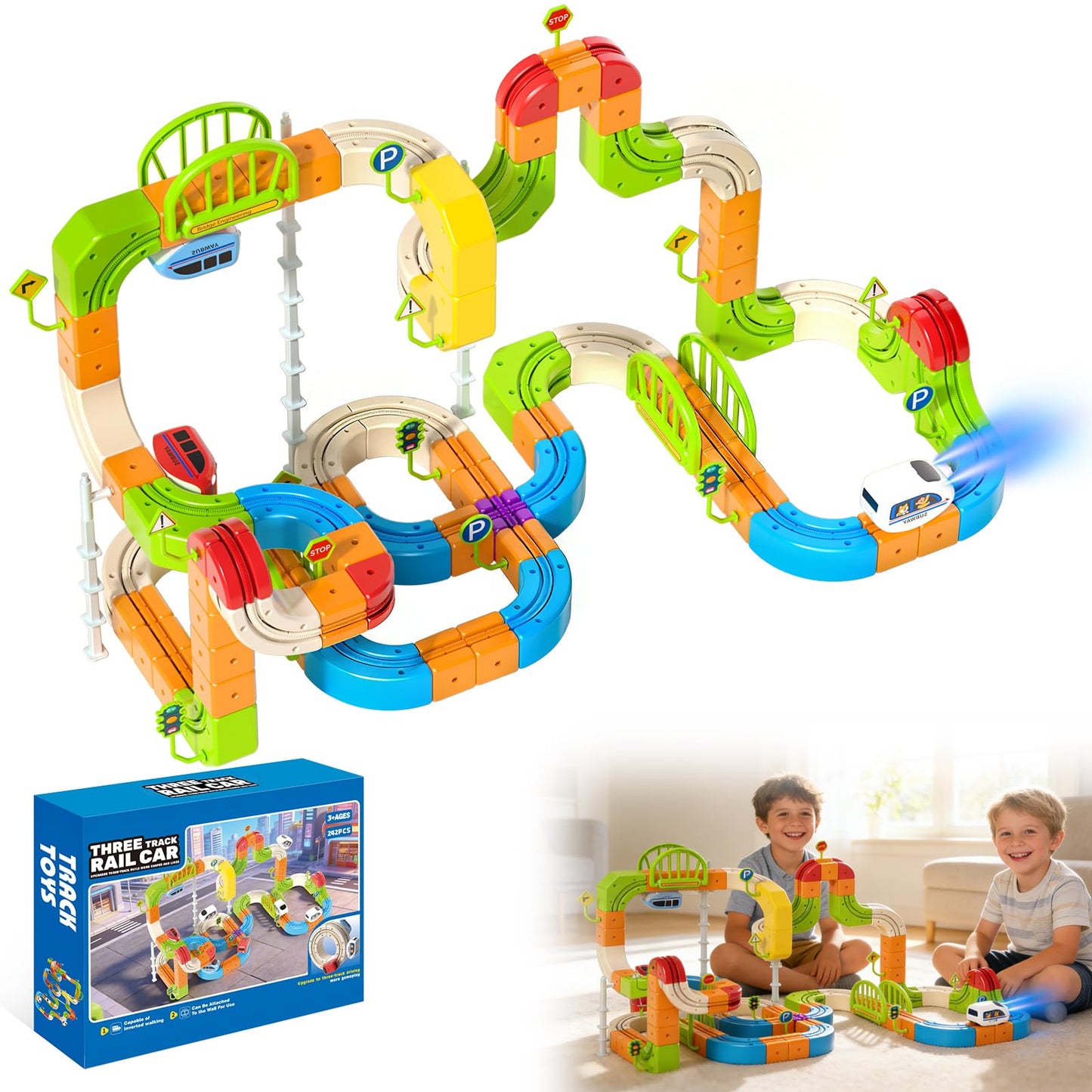 Electric Train Set for Kids Ages 3-8, 242Pcs 3D Flexible Race Track Toy, Gravity-Defying 360° Loop Building Set, STEM DIY Railroad Learning Toy Gift for Toddlers Boys Girls