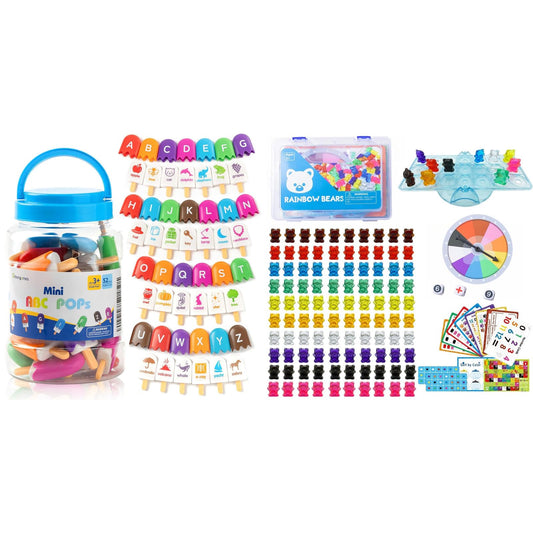 Odoorgames ABC Popsicles - 100 Pcs Translucent Bear Counters, Counting Animal Matching Games Color Sorting Toys, Translucent Toys for Light Table, Includes 11 Activity Cards