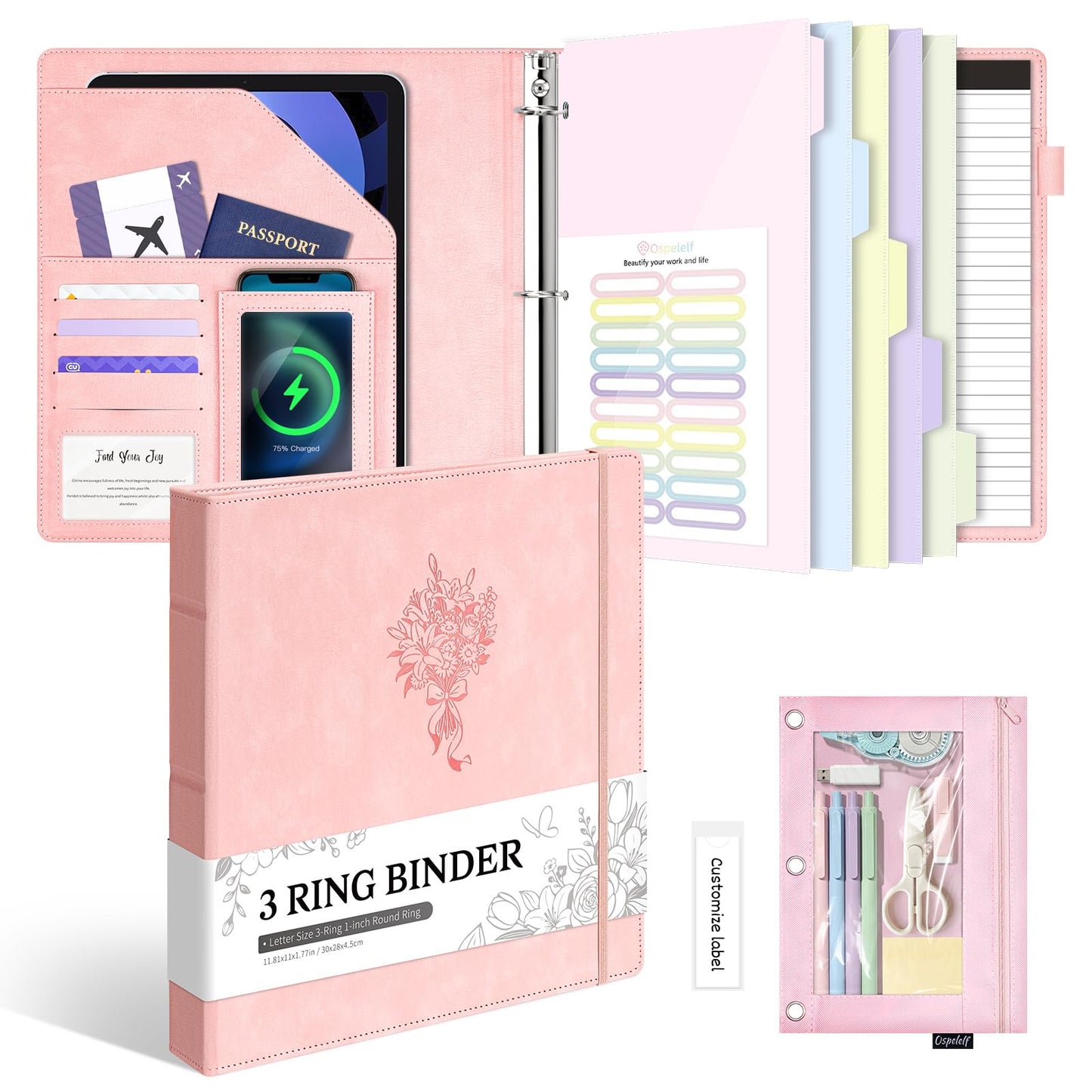 Ospelelf Leather 3 Ring Binder for Letter Size Documents with PVC Pocketed Dividers, Storage Bag & Notepad, 1 Inch Round Rings, Holds 175 Sheets, for Office School Home Organization, Flower Pink