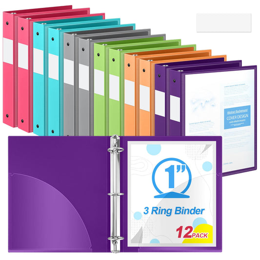 Henoyso 1 Inch 12 Pcs 3 Ring Flexible Colored Binders with Clear Front Cover and 2 Pockets, 8.5 x 11 Plastic Soft Bendable Binders Colorful for School Office, Hold 350 Sheets (Stylish Color)
