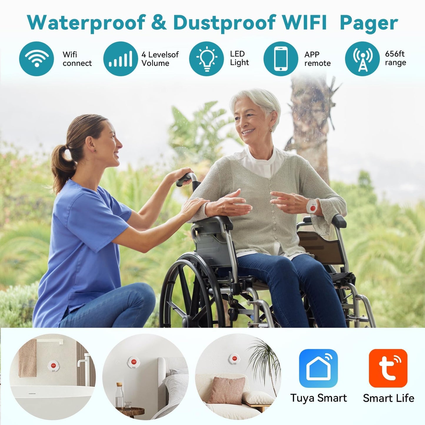 WiFi Caregiver Pager Life Alert Systems for Seniors No Monthly Fee App Control Medical Alert Systems for Seniors, 1Waterproof Call Button+ 1Watch Button 1Receiver(Only Supports 2.4GHz Wi-Fi)