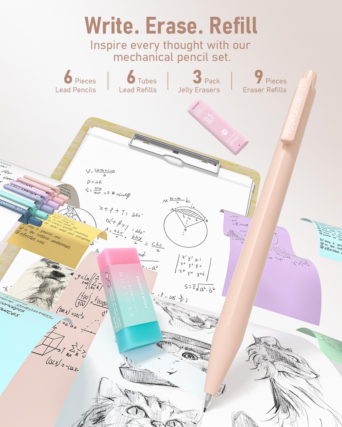 Four Candies 39 PCS Aesthetic School Supplies with Cute Pen Case, 12 Pastel Highlighters, 5 Black Ink Gel Pens, 6 Mechanical Pencils Set for Students Stationery College Essentials, Cream