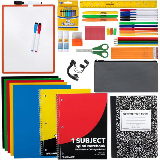 Trail maker Back to School Supplies 60 Piece Bundle Kit for Girls, Boys, Kids, Back to School Supply Box Set Includes Notebooks, Folders, Composition Book, Headphones, Ruler, and More